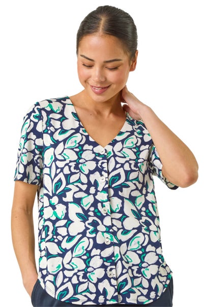 Roman Navy Petite Floral V-Neck Stretch Blouse