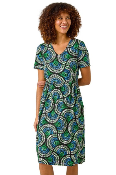 Roman Blue Abstract Print Stretch Midi Dress