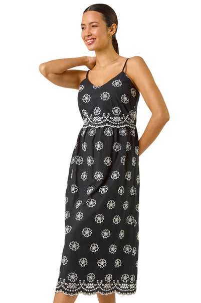 Roman Black Embroidered Strap Midi Sun Dress