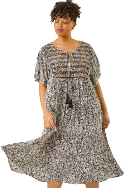 Roman Black Curve Tassel Trim Printed Dress