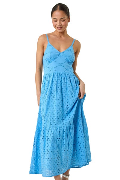 Roman Light Blue Petite Broderie Strappy Maxi Dress