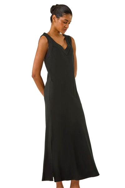 Roman Black Bias Linen Mix Midi Dress