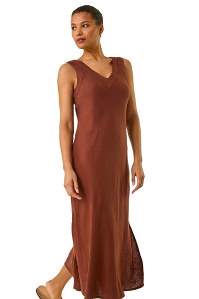 Roman Chocolate Bias Linen Mix Midi Dress