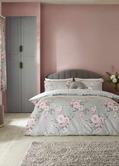 Catherine Lansfield Grey Canterbury Floral Reversible Duvet Cover Set with Pillowcases