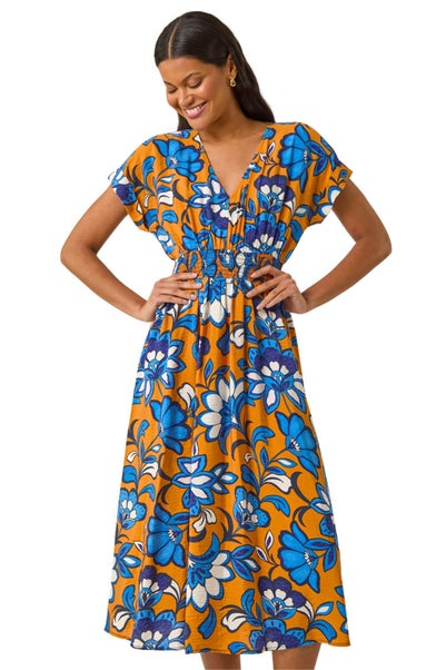 Roman Orange Floral Print Shirred Midi Dress
