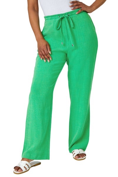 Roman Green Petite Linen Mix Elastic Waist Tie Front Trousers