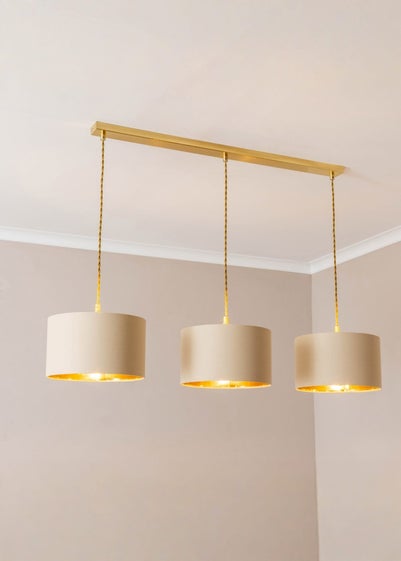 ValueLights Reni Natural & Gold Drum Shade 3 Drop Bar Diner Ceiling Light