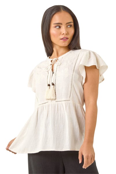 Roman Ivory Petite Embroidered Tassel Tie Top