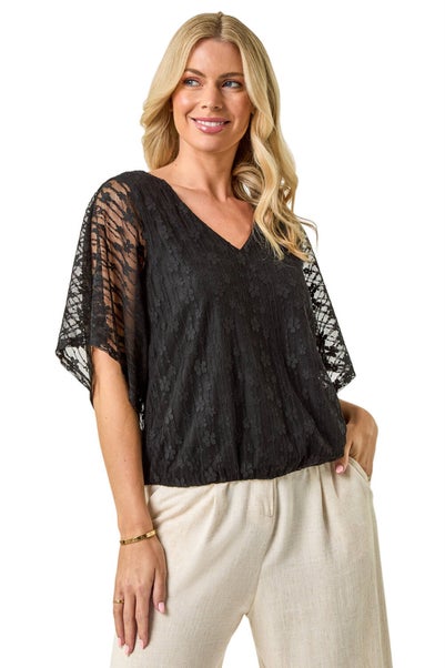 Roman Black Petite Mesh V-Neck Blouson Top