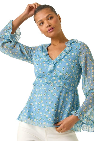 Roman Light Blue Ditsy Floral Print Frilled Top