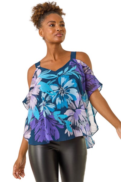 Roman Purple Floral Cold Shoulder Overlay Top