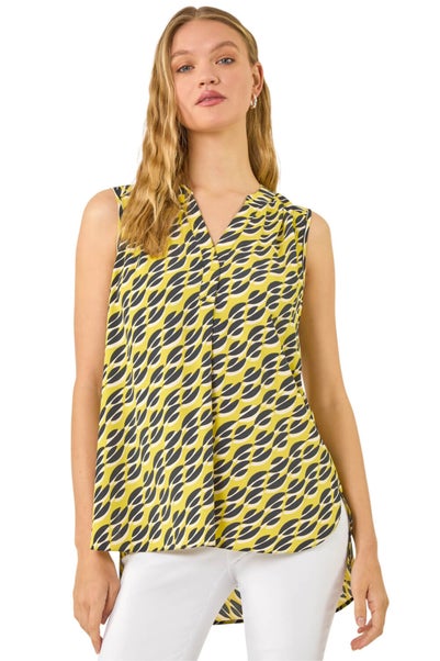 Roman Yellow Geo Print Pleat Front Vest Top