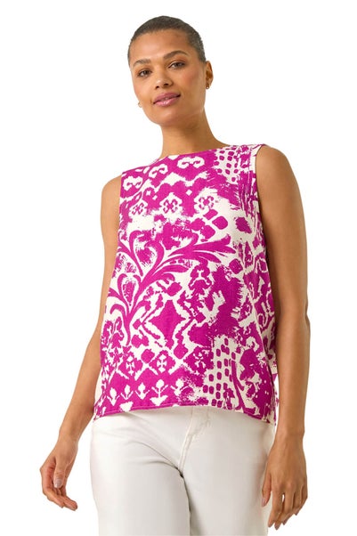 Roman Magenta Aztec Print Buttoned Back Vest Top