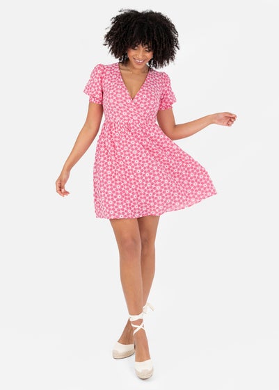 Lovedrobe Pink Floral Embroidered Short Sleeve Faux Wrap Mini Dress
