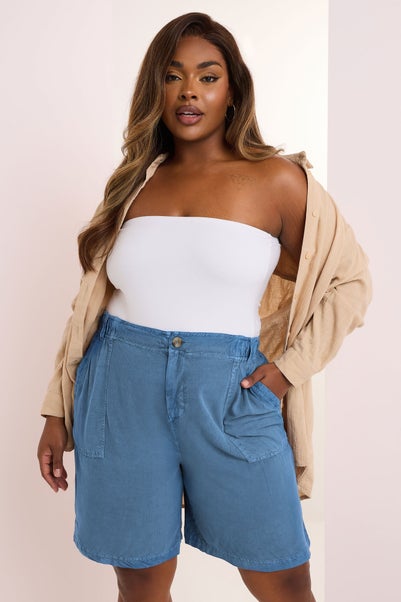Yours Curve Mid Blue Chambray Pull On Shorts