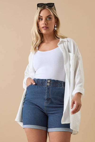 Yours Curve Mid Blue Elasticated Waist Turn Up Denim Shorts