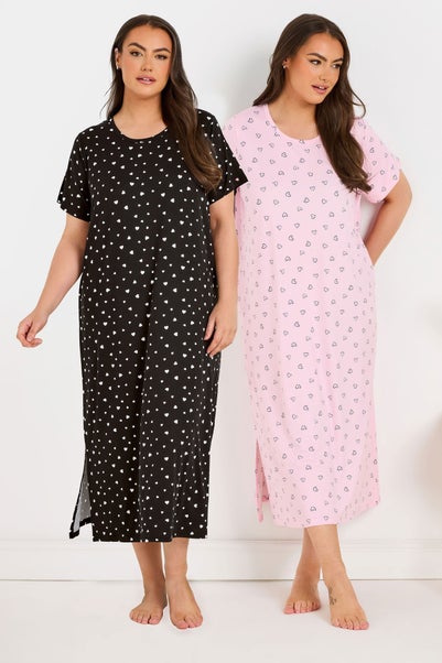 Yours Curve 2 Pack Pink & Black Heart Print Midaxi Nightdresses