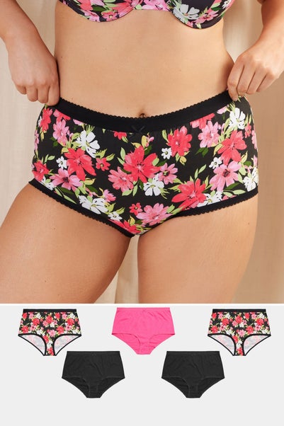 Yours 5 Pack Curve Pink & Black Floral Print High Waisted Full Briefs