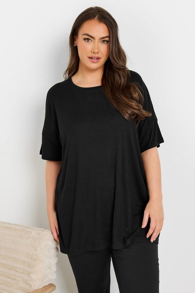 Yours Curve Black Soft Touch Ribbed Pyjama Top