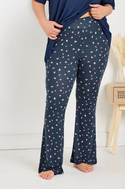 Yours Curve Navy Blue Leopard Print Flare Pyjama Bottoms