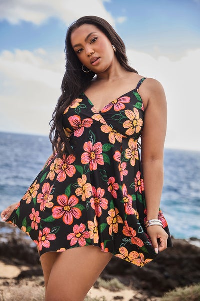 Yours Curve Black Floral Print Hanky Hem Swim Dress