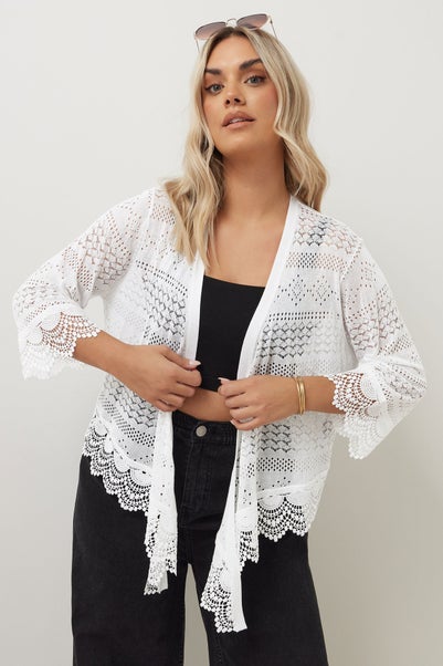 Yours Curve White Lace Trim Waterfall Cardigan