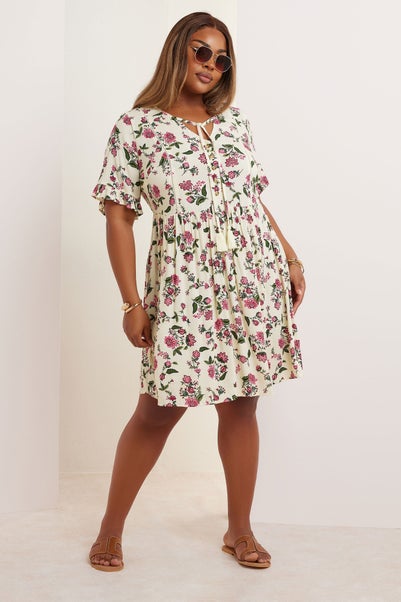 Yours Curve Cream Floral Crochet Trim Tie Neck Mini Dress