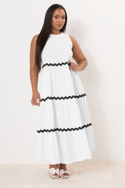 Yours Curve White Contrast Swirl Tiered Maxi Dress
