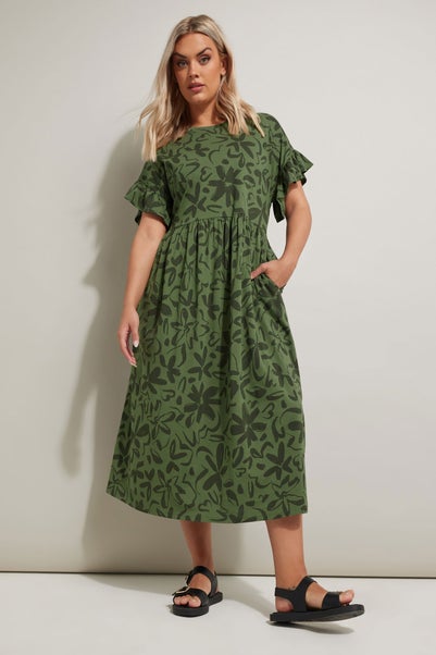 Yours Curve Khaki Green Floral Frill Cotton Midaxi Dress