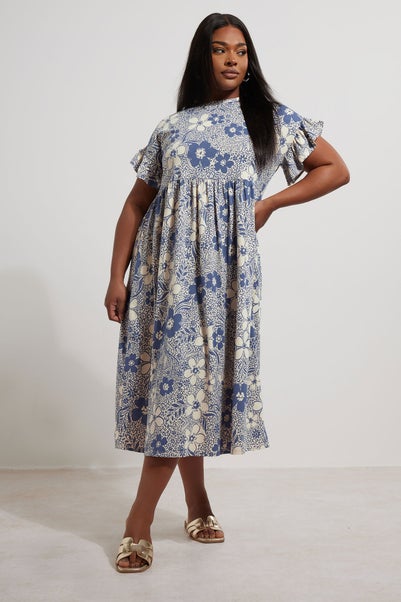 Yours Curve Blue Floral Print Frill Sleeve Midaxi Dress