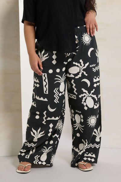 Yours Curve Black Abstract Print Twill Wide Leg Trousers