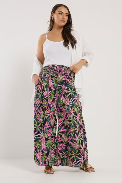 Yours Curve Black Tropical Print Shirred Wide Leg Trousers
