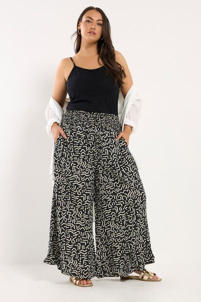Yours Curve Black Abstract Print Shirred Waist Trousers