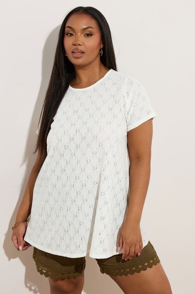 Yours Curve White Broderie Anglaise Textured Swing Top