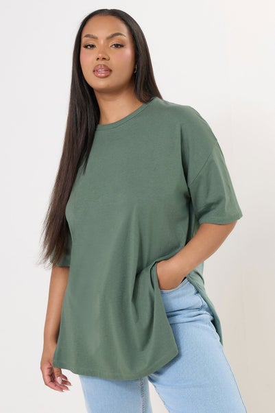 Yours Curve Sage Green Oversized Side Split T-Shirt