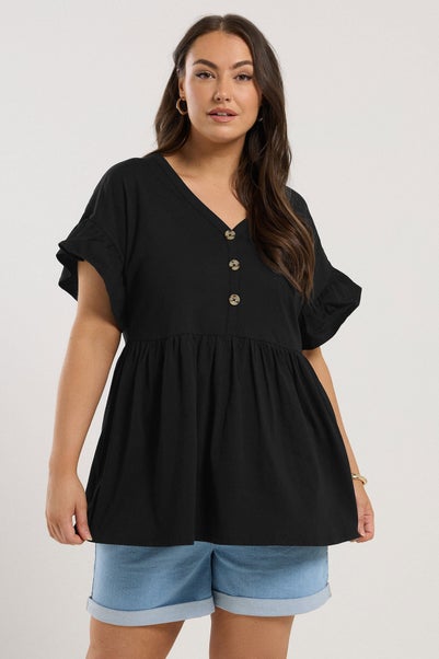 Yours Curve Black Button Frill Sleeve Peplum Top