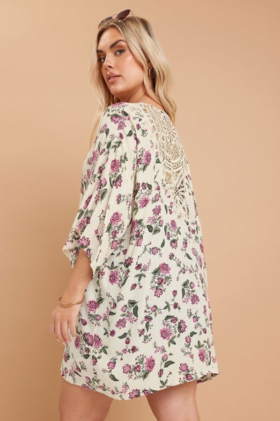 Yours Curve Natural Brown Floral Crochet Detail Kimono