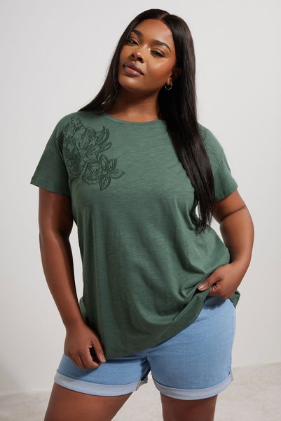 Yours Curve Khaki Green Floral Embroidered Stud Detail T-Shirt