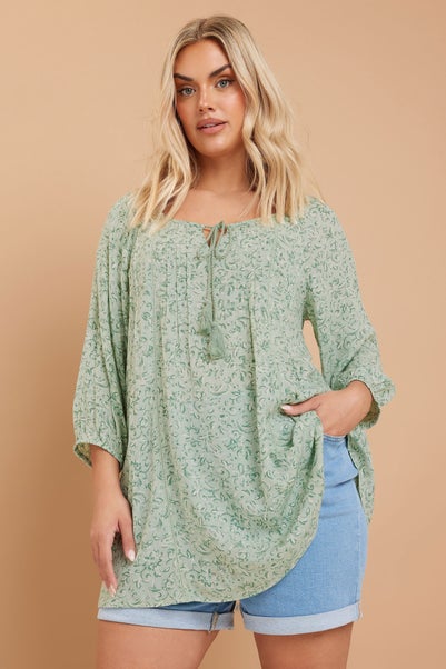 Yours Curve Sage Green Floral Paisley Print Tie Neck Top