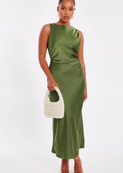 Quiz Khaki Petite Satin Ruched Midi Dress