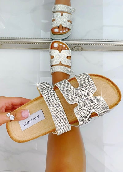 Love Lemonade Silver Crystal Luxe Double Strap Sliders