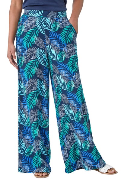 Roman Blue Leaf Linen Blend Wide Leg Trousers