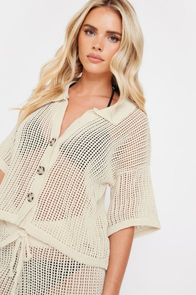 PixieGirl Petite Cream Crochet Short Sleeve Shirt