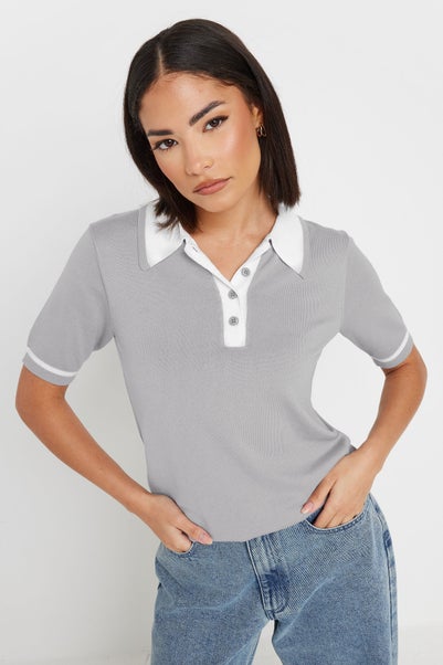 Pixiegirl Petite Grey Knit Contrast Polo Shirt