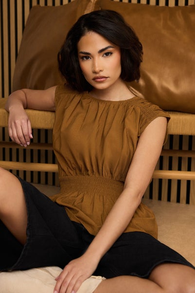 Pixiegirl Petite Brown Woven Shirred Waist Top
