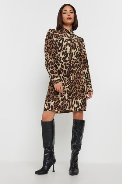 Pixiegirl Petite Beige Brown Leopard Print Shirt Dress