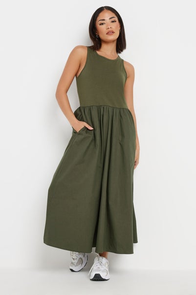 PixieGirl Petite Khaki Green Jersey & Woven Mix Fabric Midaxi Dress