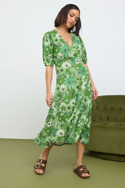 Pixiegirl Petite Green Floral Print Midi Tea Dress