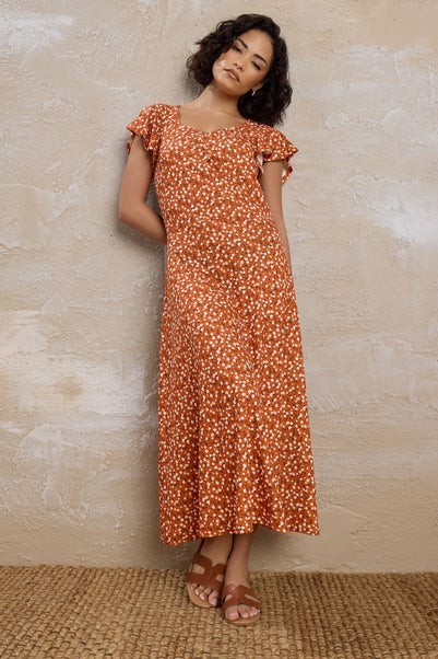 Pixiegirl Rust Orange Ditsy Floral Flutter Sleeve Dress
