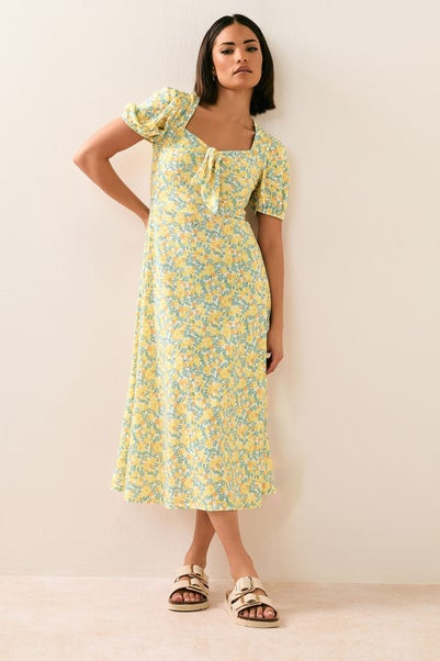 Pixiegirl Yellow Ditsy Floral Tie Front Midi Dress